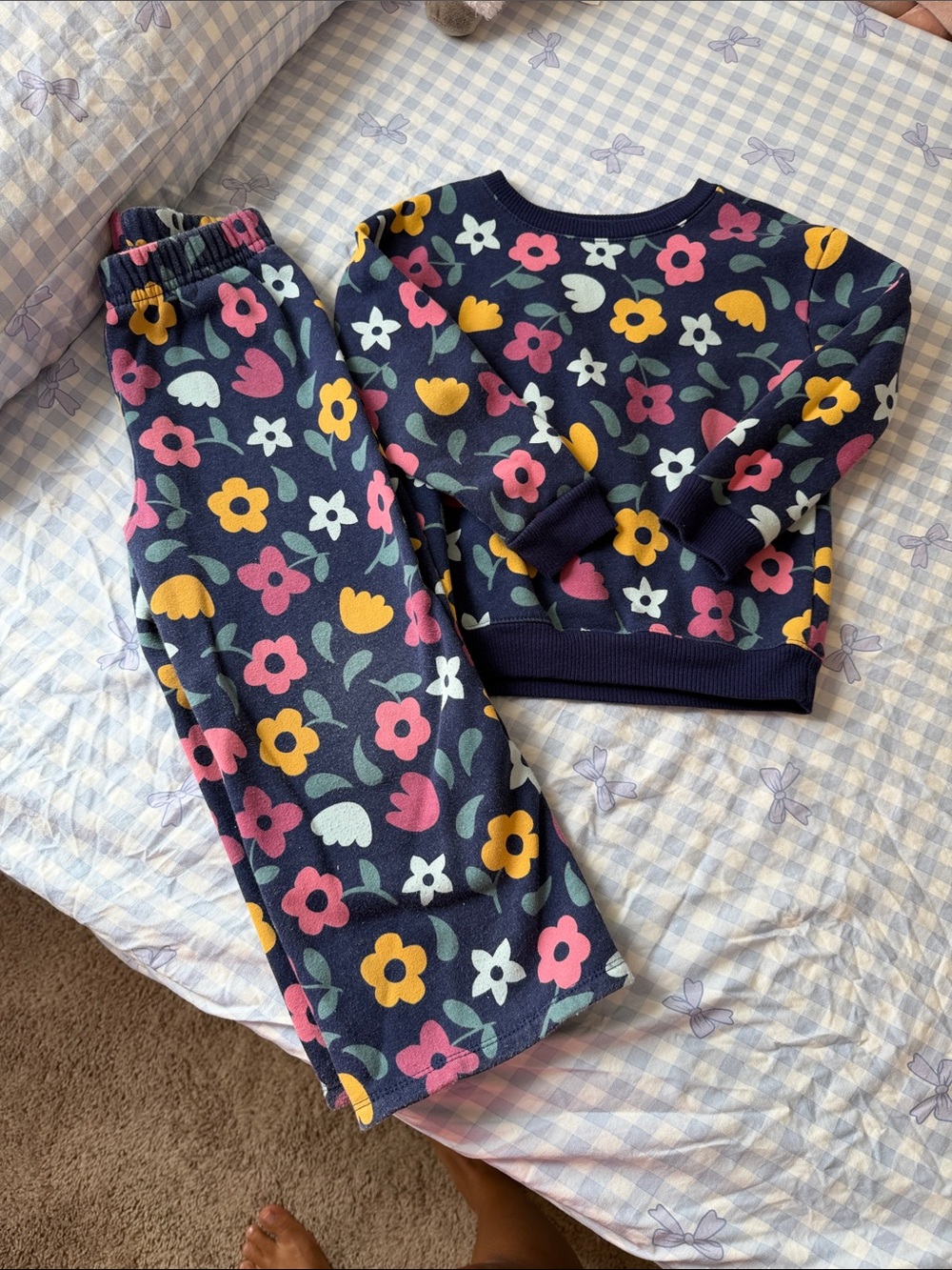 Kids Floral Navy Pajama Set - Pink, Yellow & White Flowers